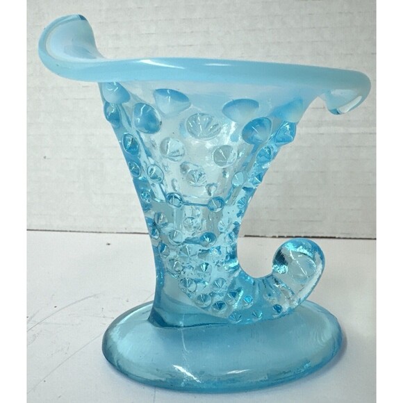 Fenton Blue Opalescent Hobnail Glass Cornucopia 4 In Candy Dish Candle Holder - Picture 1 of 7